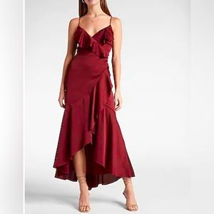 Satin Ruffle Wrap Hi-Lo Maxi Dress